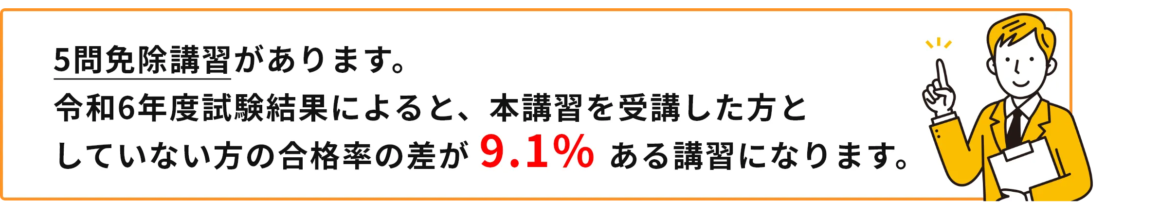 5問免除講習があります。本講習を受講していない方との合格率の差が 9.1%